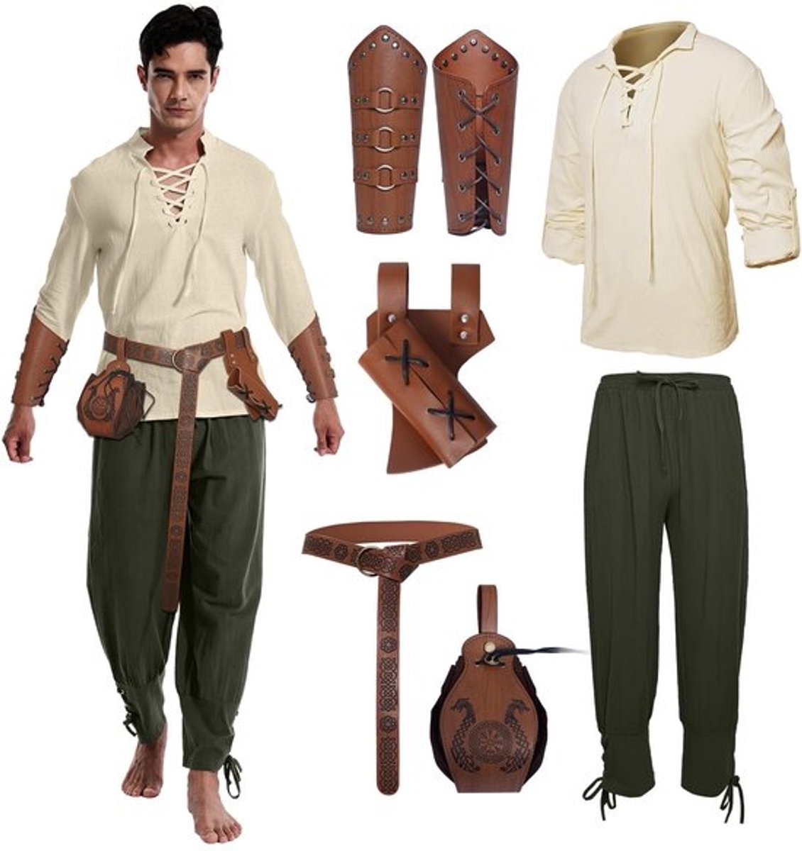 Middeleeuwse Kleding Heren Set - Viking Kostuum - Piraten Kostuum - Katoenen Overhemd - Gothic Broek - Retro Gouden Muntentas