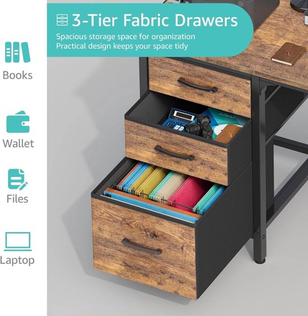 SnelShoppen - Computer Desk 120cm met Lades, Ruimtebesparend, Modern Design, Houtlook, Thuiswerk Bureau voor Gaming, Studie, Schrijfbureau, Rustic Bru