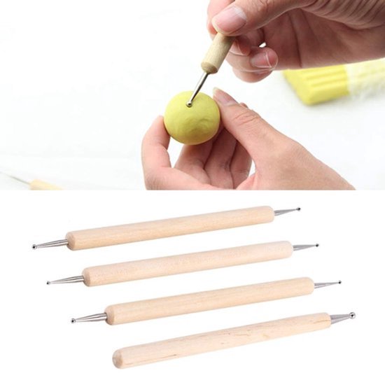Balpen Houten Handvat - Roestvrijstalen Kogel - Embossing Tool - Klei/Aardewerk - Beeldhouwen - 4 Stuks - Embossingtool — afbeelding 4