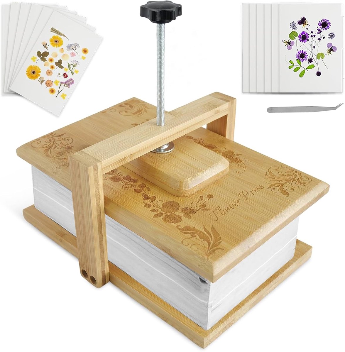 Binding Press voor Bloemen Persen - DIY Kunst en Ambacht Set met 6 Stukken Absorberend Papier en 1 Pincet voor het Inbinden van Gedroogde Bloemen en Planten