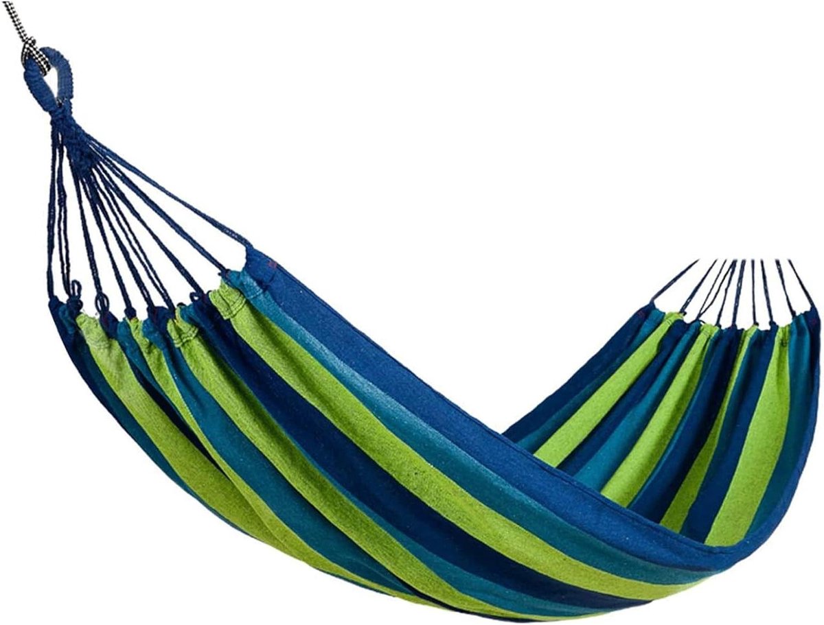 Hangmat Katoen - Kampeerhangmat Dubbele Hangmat - Ontspannen Buiten - Inclusief Draagtas - 200x150cm - Blauw Groen Streep
