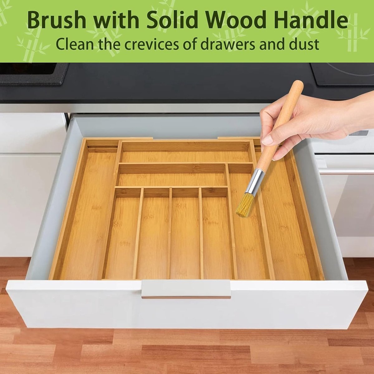 Bamboe Besteklade - Bruin - 32-52 x 41 x 5 cm - Uitschuifbare Lade-organizer met Reinigingsborstel - Voor Keuken en Kantoor