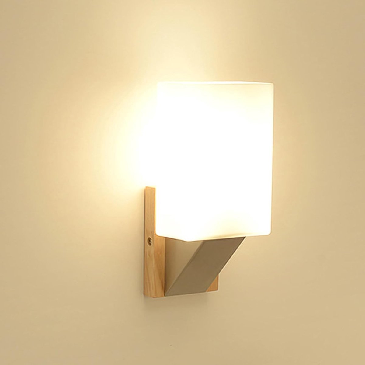 Wandlamp - Hout - 25 x 12 x 9,5 cm - Scandinavische Wandverlichting met Glazen Kap - Voor Slaapkamer en Woonkamer