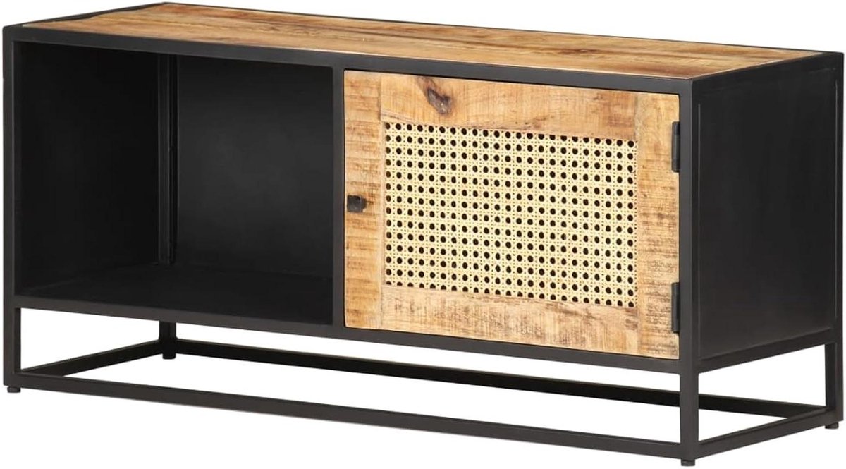 Tv-kast Mangohout - Dressoir Riet - Opbergen Woonkamer - Handgeweven Rietpatroon - 90 x 30 x 40 cm - Natuurlijk Hout