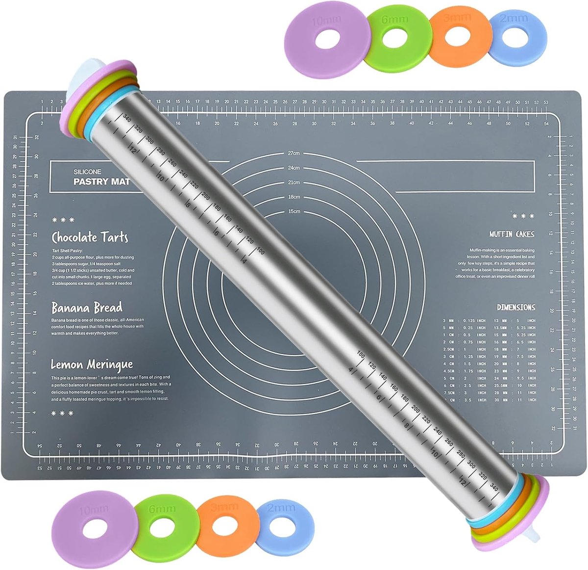Stainless Steel Nudelholz, 42 x 6.5 cm, Dark Grey, incl. Silicone Mat - Ideal for Biscuits, Pizza & Mehr, 700 g - ShopVlot