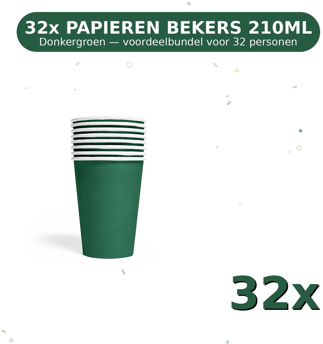 Bekers 210ml FSC Donkergroen - Voordeelverpakking 32 Stuks voor tot 32 Personen - Feestartikelen