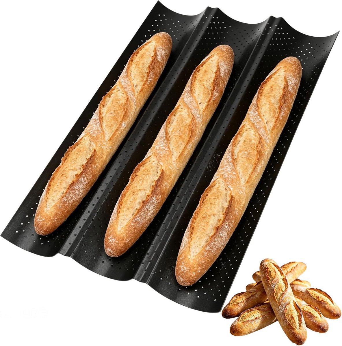 Baguettevorm met antiaanbaklaag, geperforeerde bakplaat voor 3 baguettes, koolstofstalen vorm voor Frans brood - ShopVlot