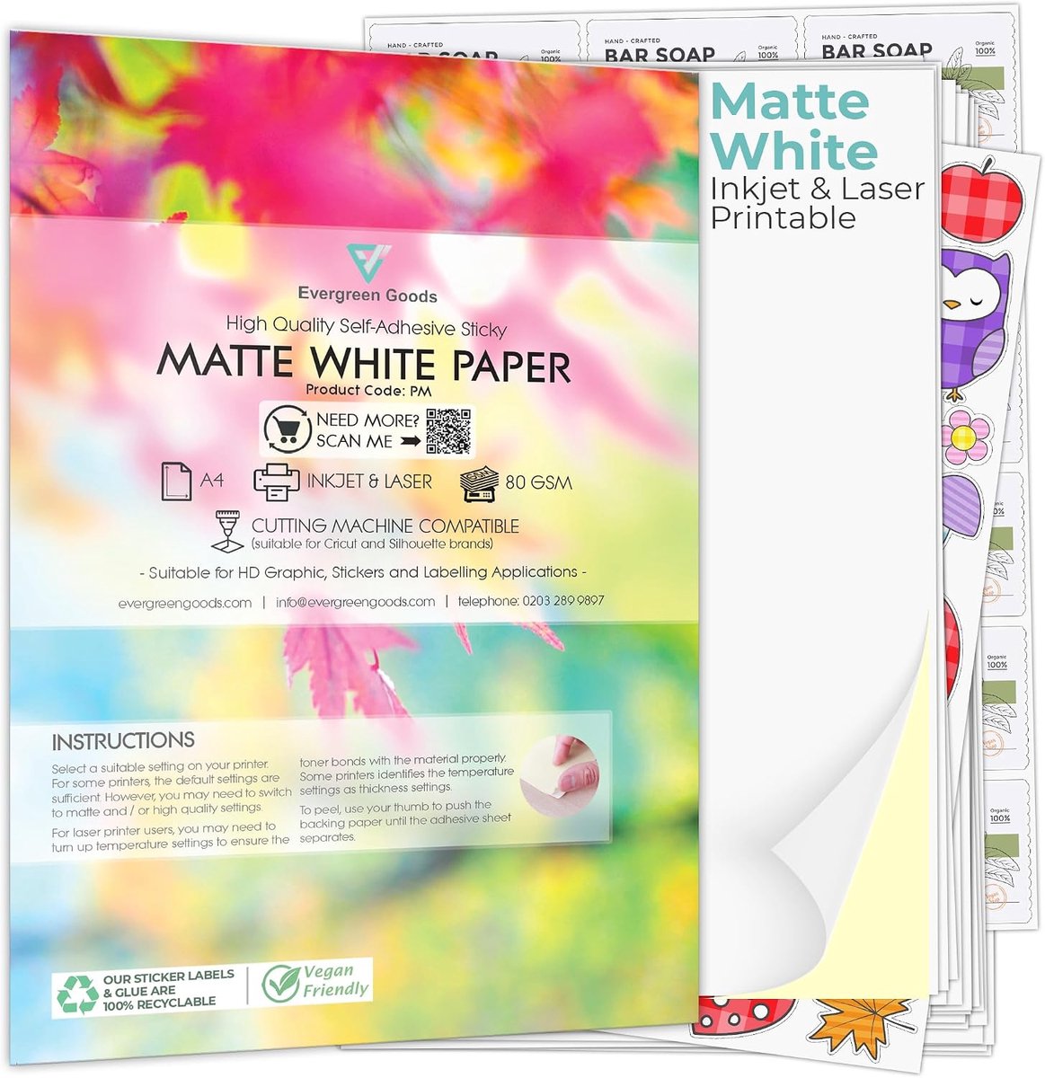 Evergreen Goods Printable Sticker Paper, 100 Sheets A4 - Matte White Self-Adhesive Label for Inkjet and Laser Printer - ShopVlot