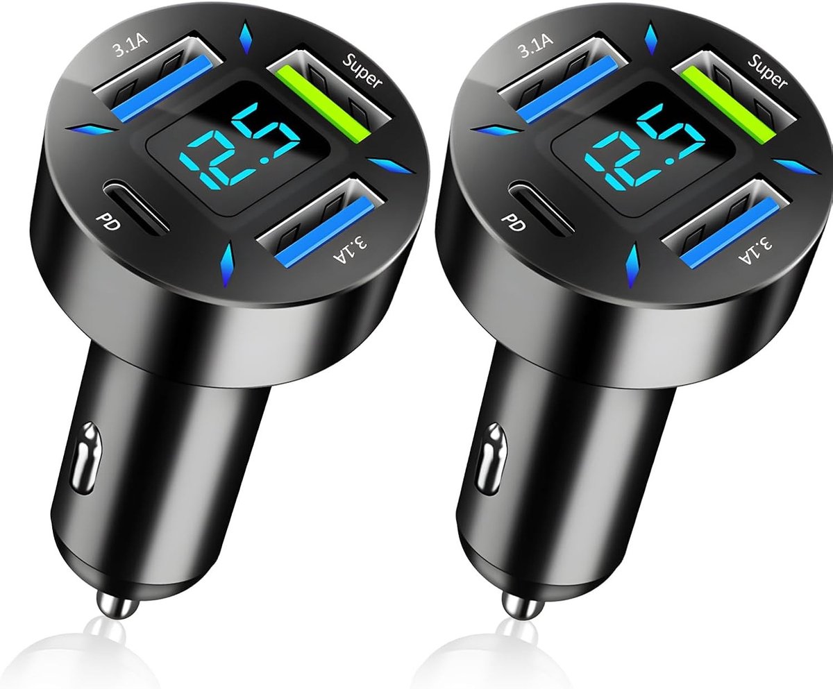 4-poorts USB C Autolader - Zwart - Compacte Snellader met LED-voltmeter - Voor Auto en Vrachtwagen