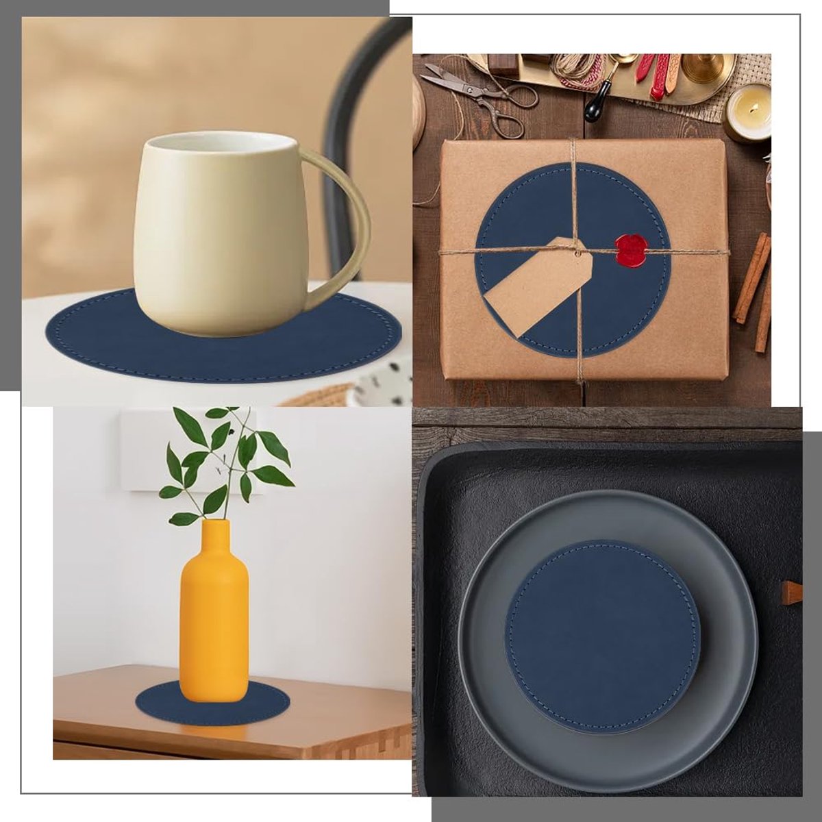 Onderzetters 10 cm - PU-leer donkerblauw - antislip en warmte-isolerend - bescherming voor dranken - ShopVlot