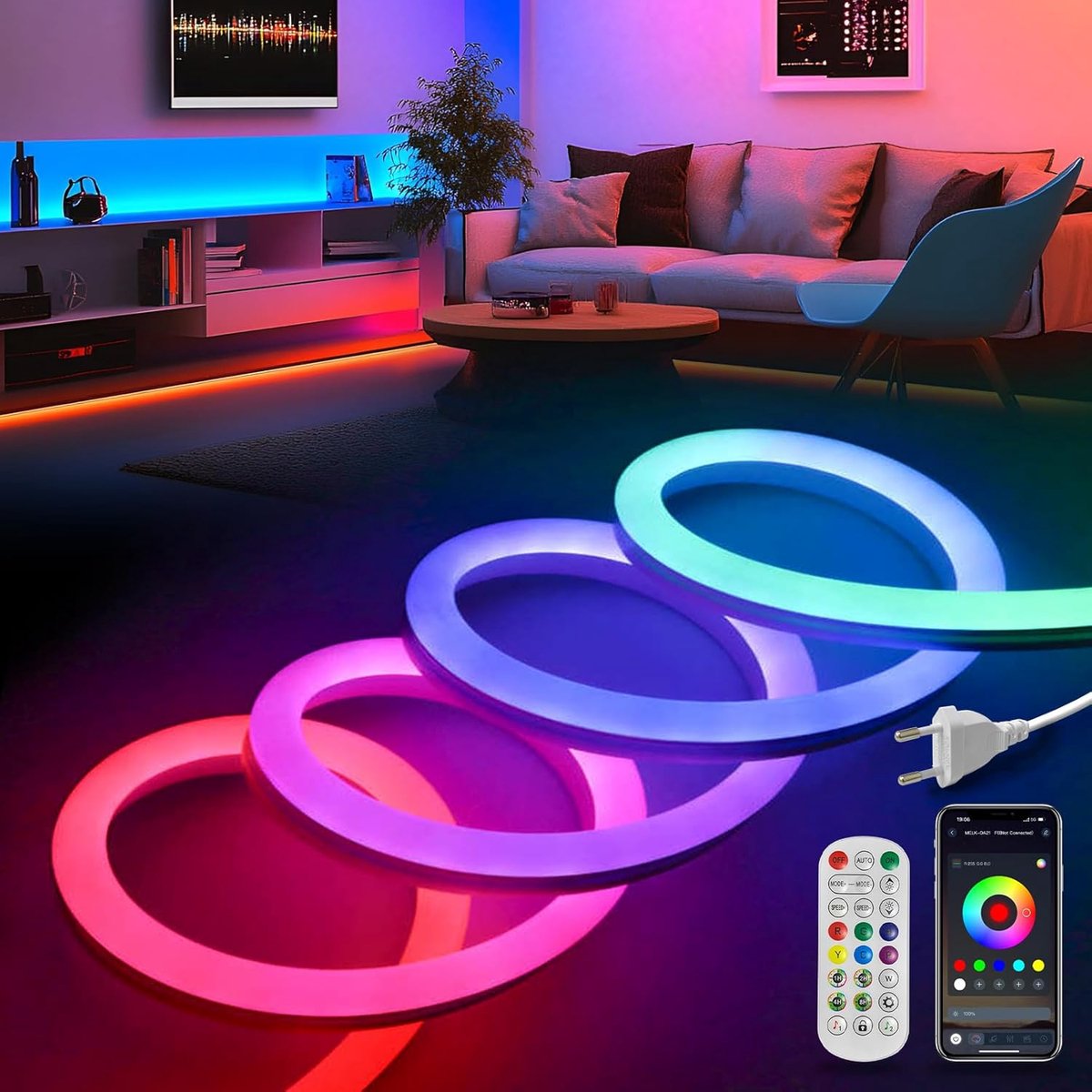 LED neon strip 10m RGBIC - IP65 waterdicht - met afstandsbediening & app - sfeervolle verlichting - ShopVlot