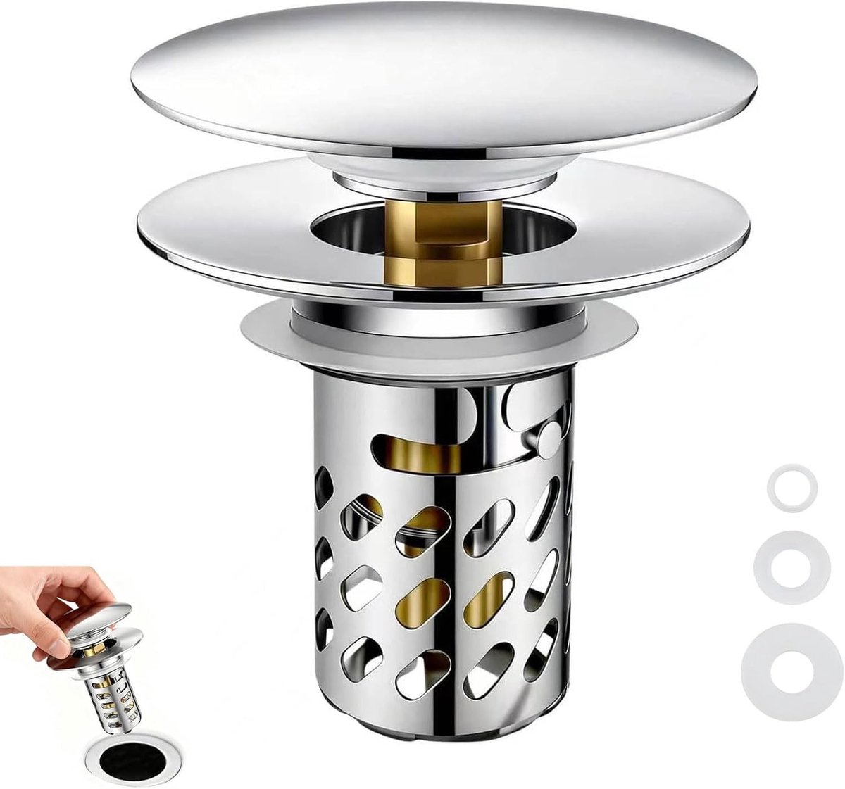 3-in-1 Afvoerstopper voor Gootsteen - RVS Afvoerfilter met Haarzeef voor Keuken en Badkamer, Geschikt voor 28-40mm Afvoeropening
