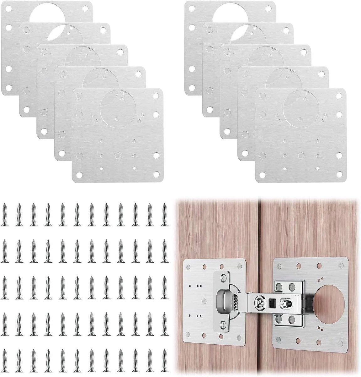 Set van 10 scharnierreparatieplaten 9 x 9 cm, inclusief schroeven voor meubelherstel, kastdeuren en scharnierondersteuning