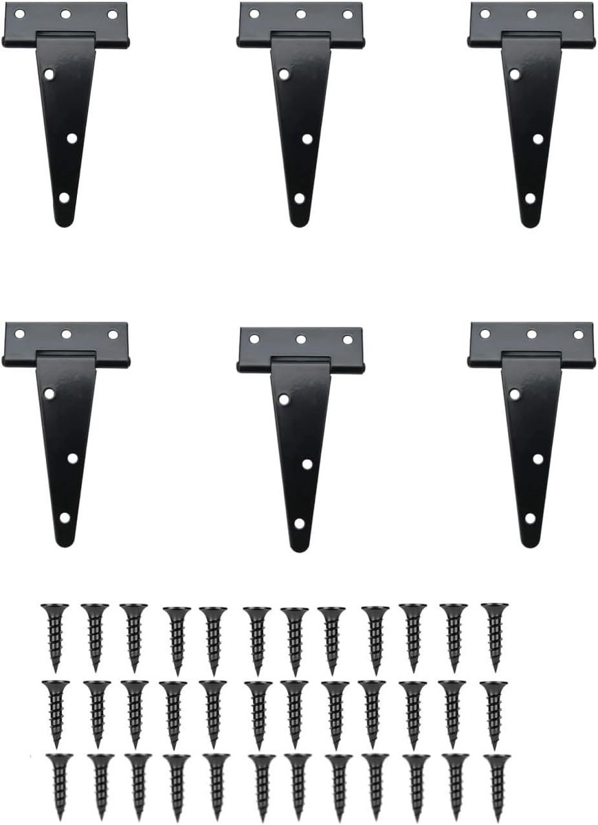 Zware T-scharnieren met schroeven - 8 cm roestbestendige metalen T-bandscharnieren voor schuren, hekken en tuinpoorten - 6 stuks