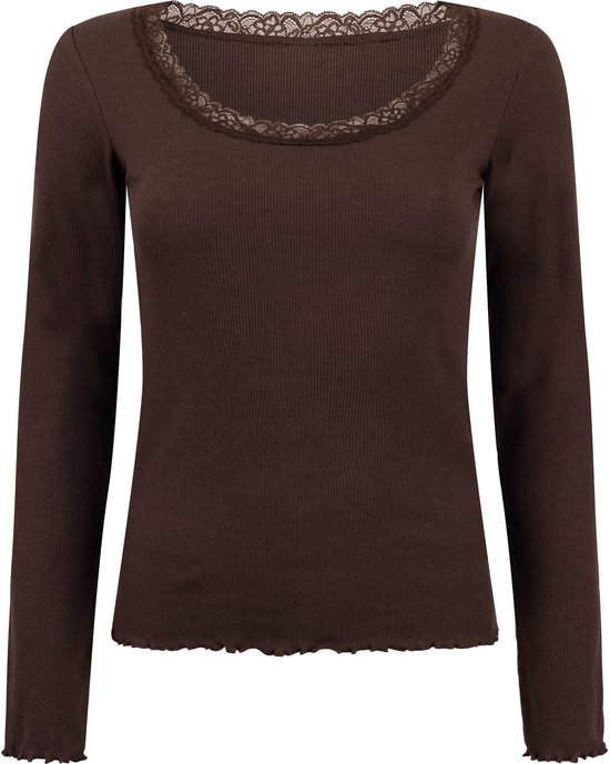 Bruin, langarmig Hunkemöller pyjamashirt met kanten afwerking bij de halslijn.