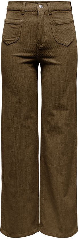 Bruine corduroy broek met wijde pijpen en opgestikte zakken op de heupen.
