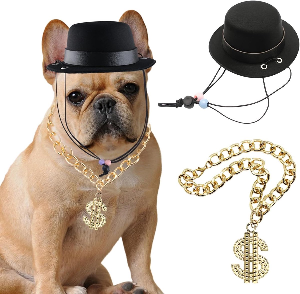 Formele Pet Hoed en Ketting Set voor Honden, Top Hoed Kostuum voor Kleine en Middelgrote Honden, Zwart en Goud, Perfect voor Feestjes en Evenementen