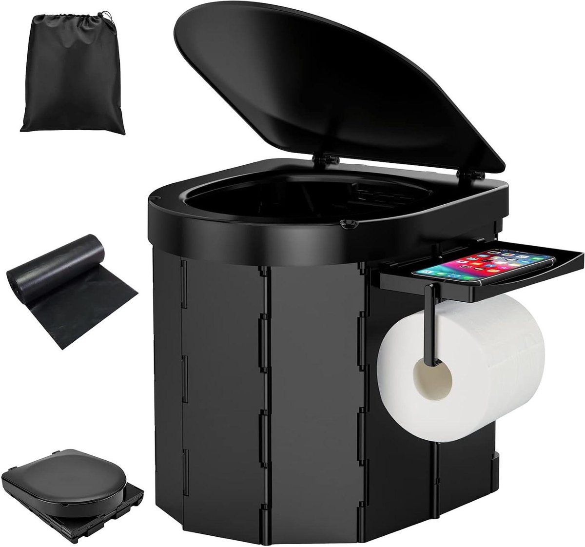 Draagbaar Toilet - Opvouwbaar WC - Outdoor Activiteiten - Met Deksel en Houders - 180 kg Draagvermogen - Zwart