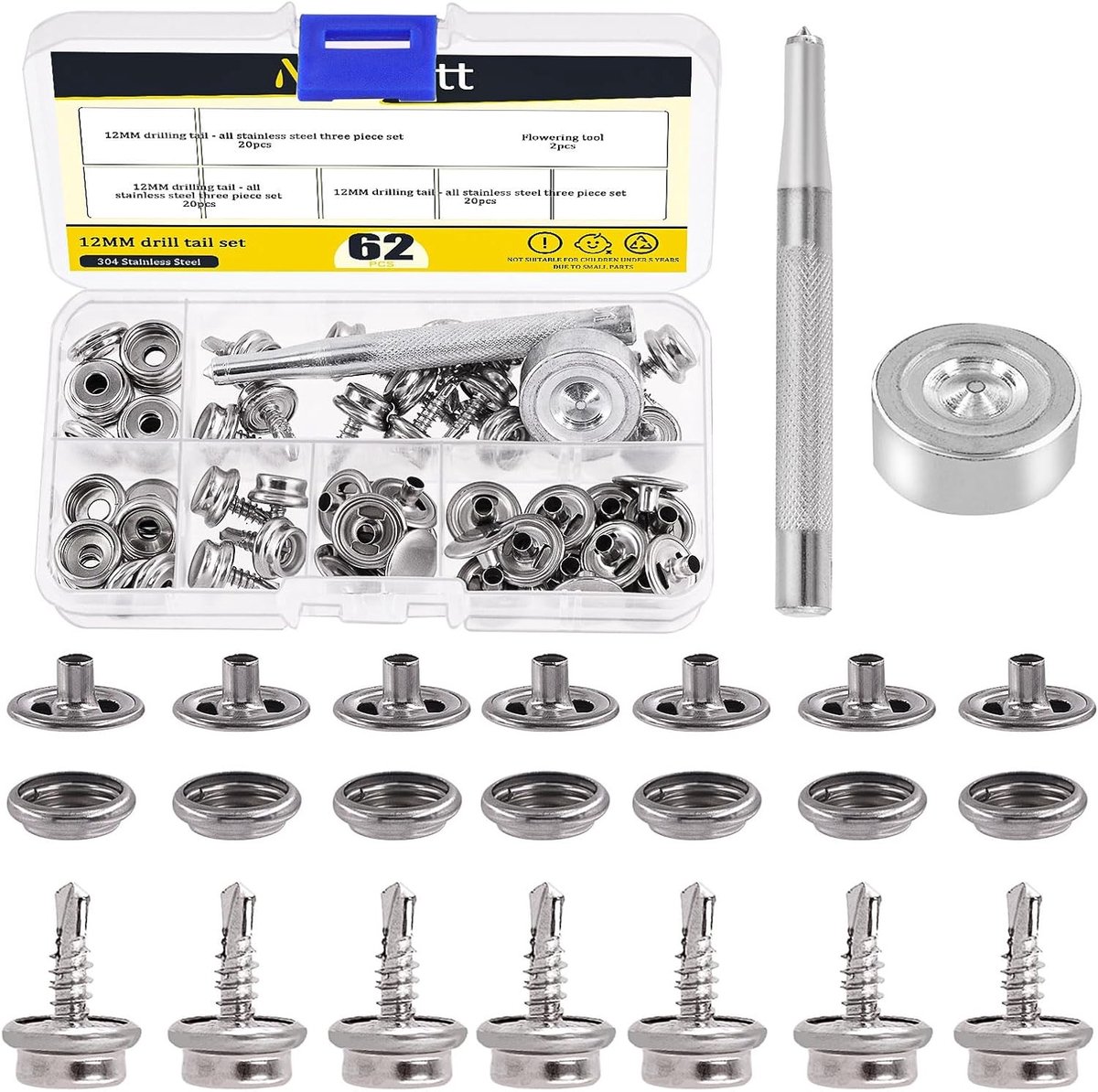 120 Stuks Canvas Snap Kit, RVS Marine Grade Snap 3/8" Socket, Snap Button Bevestigingsset met 2 Instelgereedschappen voor Bootbekleding en Meubelstoffering
