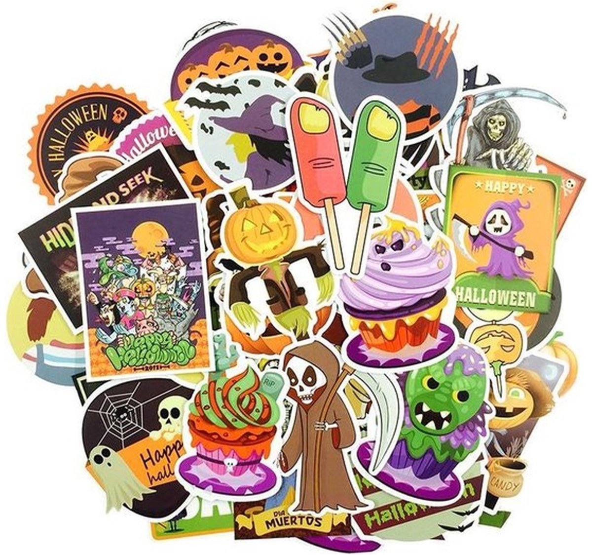 50 Halloween Stickers – Heksen, Pompoenen, Skeletten & Zombies