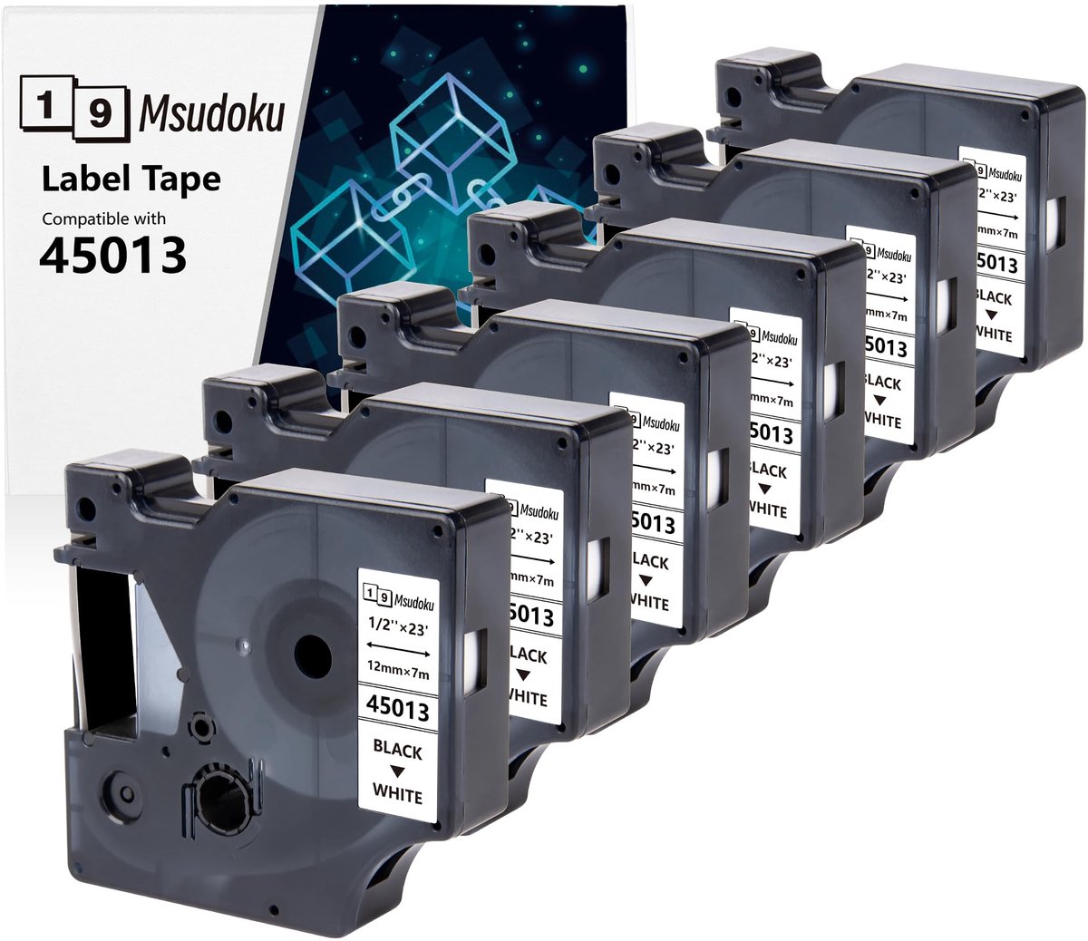Labeltape 12mm x 7m - zwart op wit - 6 stuks vervanging - voor Dymo D1 labelprinter - ShopVlot