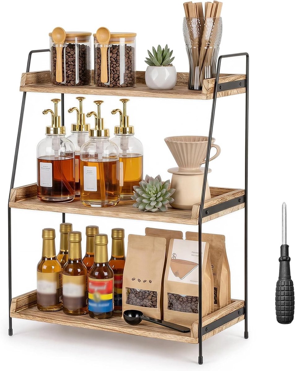 Keukenplank met 3 niveaus voor koffieshop, houten en metalen organizer voor ruimtebesparing, ideaal voor badkamer en bureau