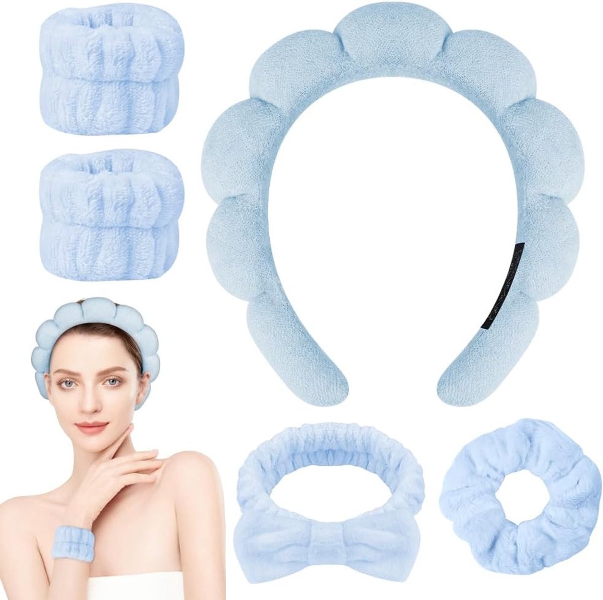 Set van 5 Haarbanden voor Vrouwen - Elastische, Antislip Gezichtswasbanden voor Makeup, Douche en Spa Gebruik (Blauw)