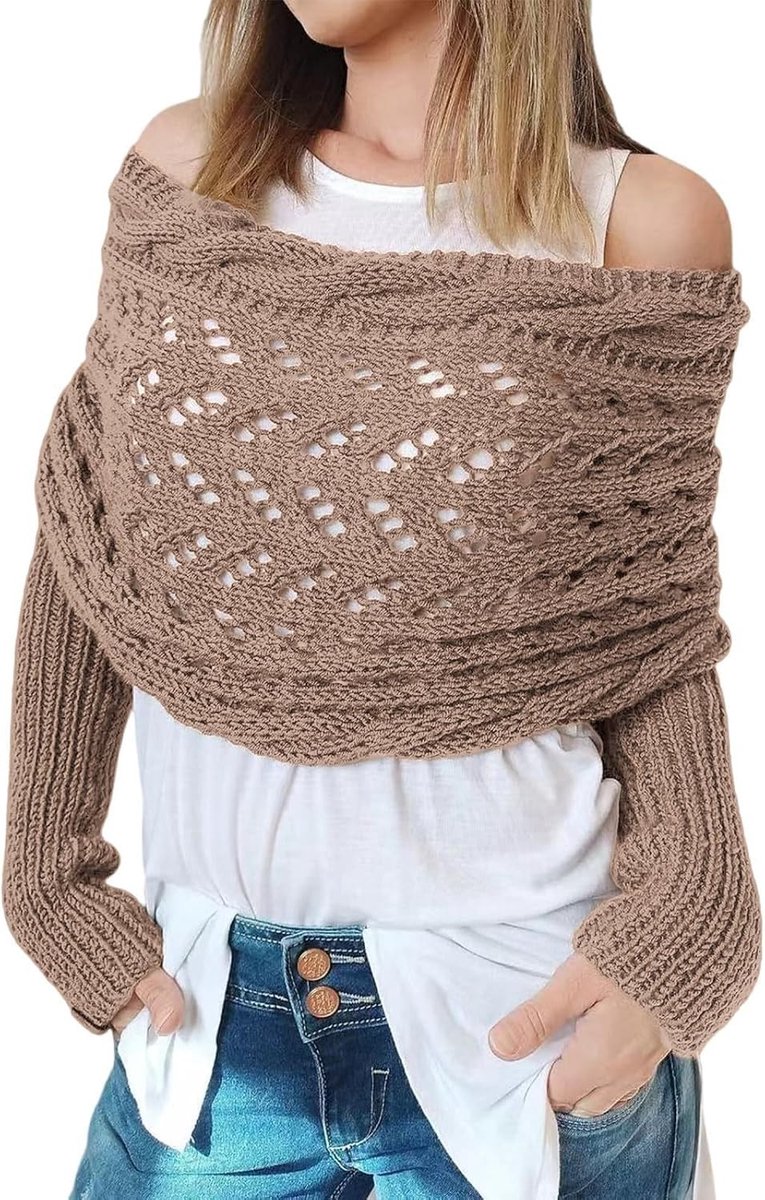 Elegante Dames Poncho voor de Winter met Mouwen - Korte Warmte en Effen Kleur - Ideaal als Cape of Sjaal, Khaki, One Size