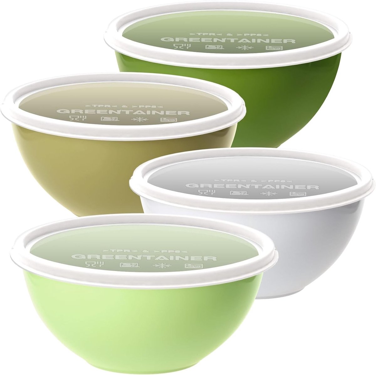 Set van 4 Grote Plastic Mengkommen met Deksel, Stapelbare Serveerschalen voor Salades, Bakken en Koken, 3.35L, Groene Kleur