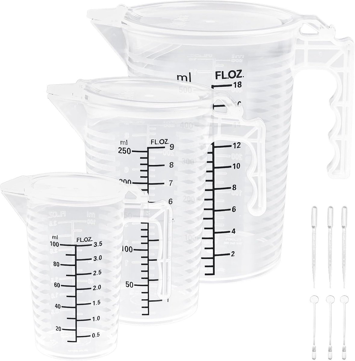 Maatbekerset 3 stuks - 100 ml, 250 ml, 500 ml - kunststof - hittebestendig, met roerstaafjes - ShopVlot