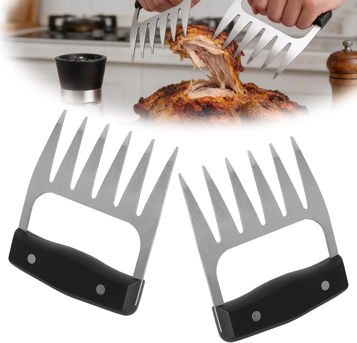 Set van 2 Vleesklauwen voor Pulled Pork - RVS Vorken voor Vlees, Grillaccessoires en Cadeau voor Mannen, Ideaal voor het Hakken en Serveren van Vlees