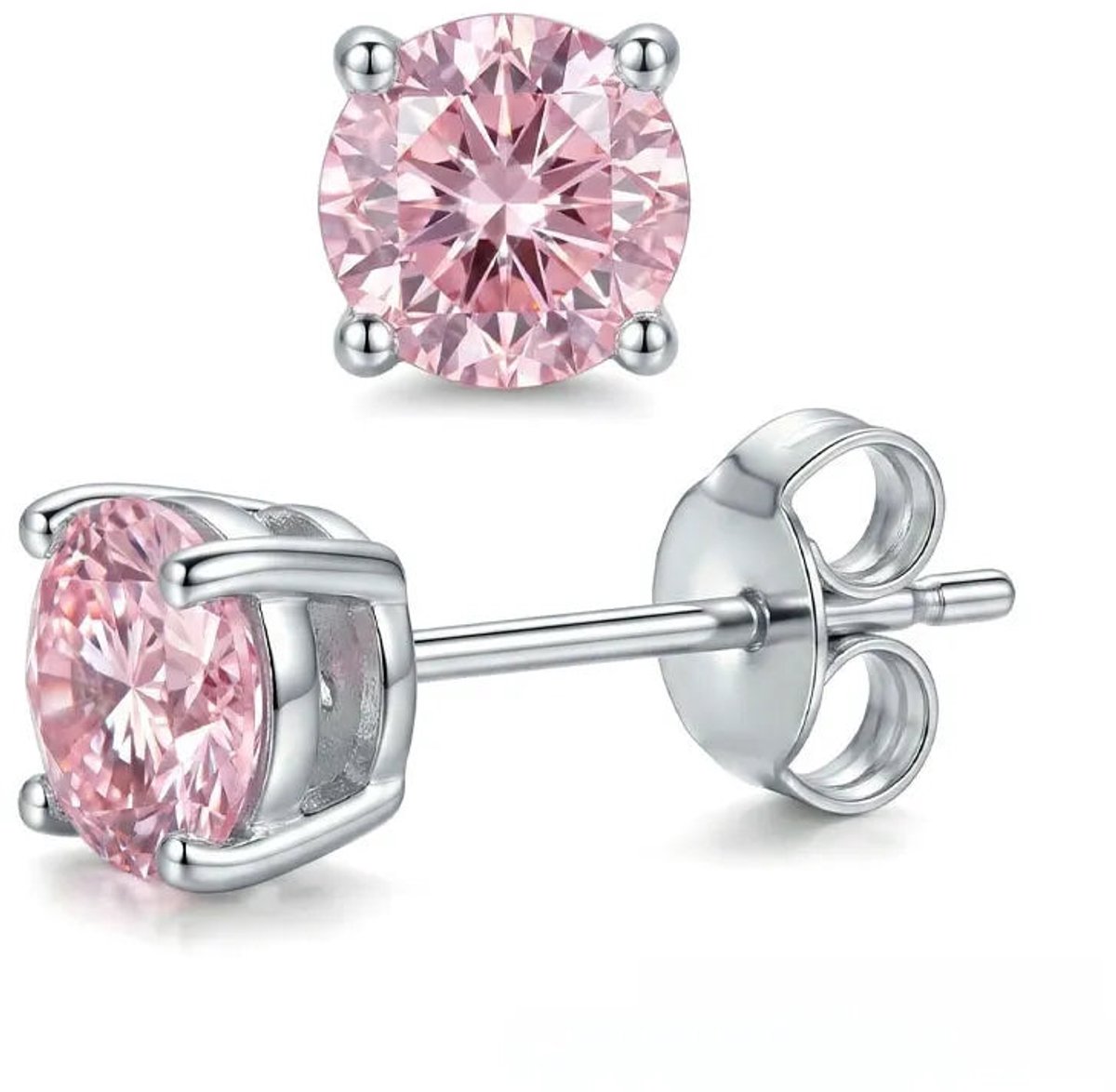 Stalen Ronde Oorstekers Zilverkleurig Zirkonia 6 mm – Roze