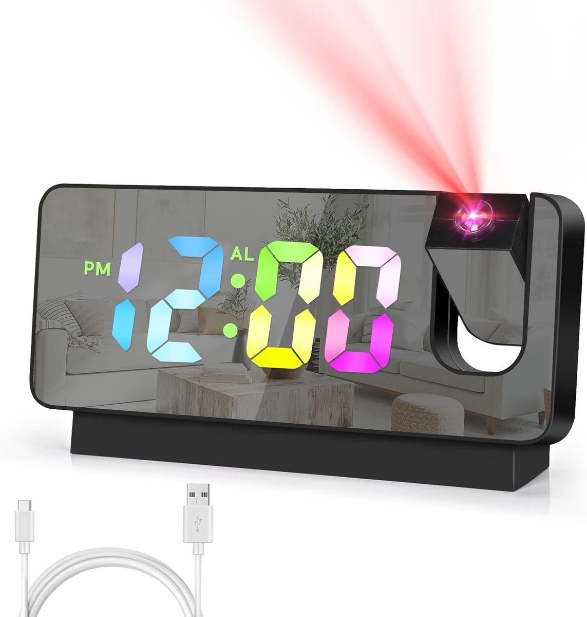 Plafondprojector wekker, 180° draaibare digitale wekker, 7,8 inch spiegel USB-wekker met temperatuurweergave, oplaadbare batterij, datum- en kalenderweergave, tafelklok voor slaapkamer of kantoor