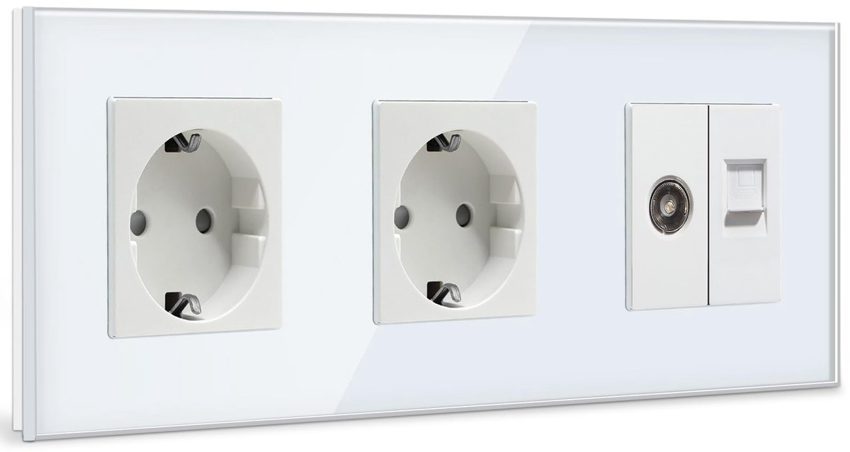 Schuko stopcontact 2x PC - wit glas paneel - TV-antenne coaxiaal en RJ55 Cat5e - ideaal voor multimedia - ShopVlot