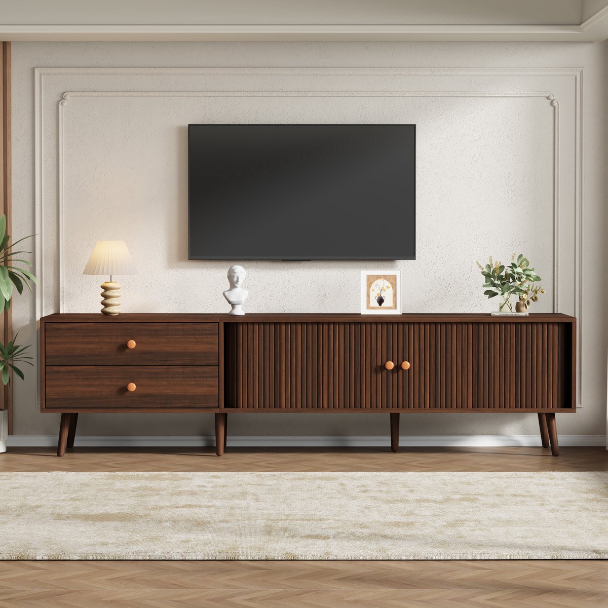 Wishdor Tv-meubel - Lowboard met 2 lades en 2 roldeuren - Walnootkleur - MDF - Retro stijl - Voor woonkamer en 80 inch tv - 180 x 40 x 46,5 cm
