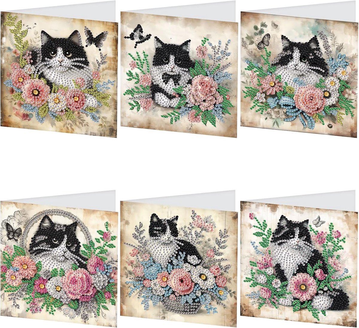Wenskaarten set van 6 - diamantschilderij - bloemen, vlinder, kat - voor verjaardagen en bedankjes - ShopVlot