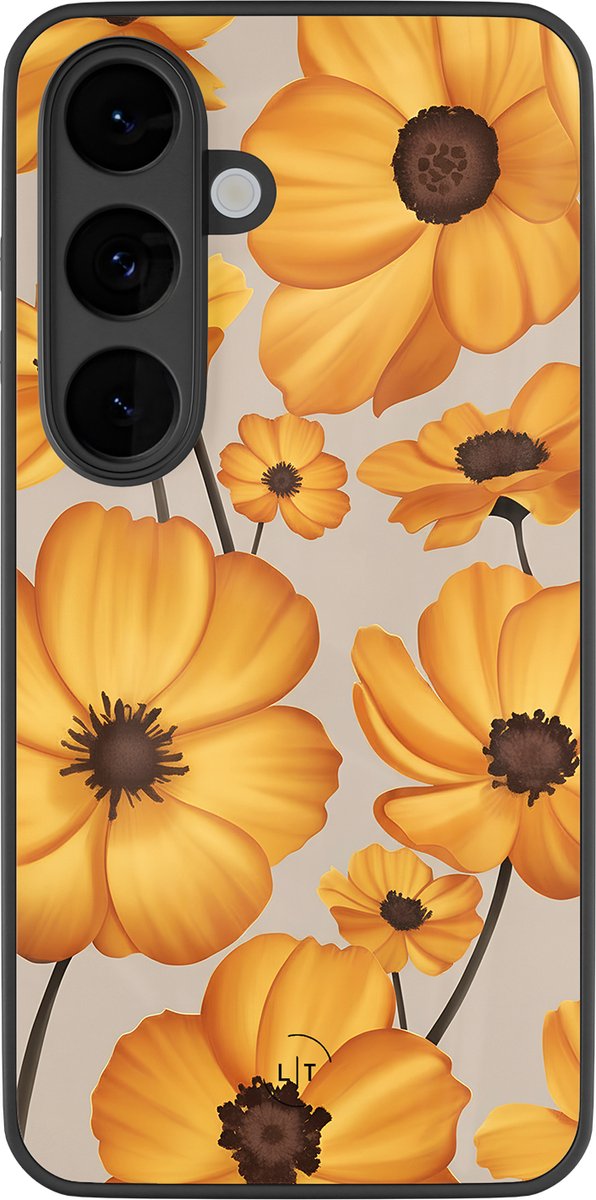 Hoesje geschikt voor Samsung Galaxy S26 - Golden bloom - Luxe Glazen Hardcase - Bloemen - Goud