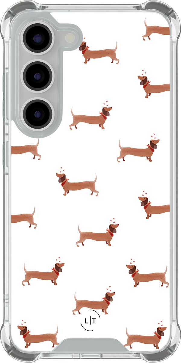 Shockproof hoesje - Geschikt voor Samsung Galaxy S23 - Teckels - Extra sterke case - TPU/polycarbonaat - Print / Illustratie - Bruin, Transparant