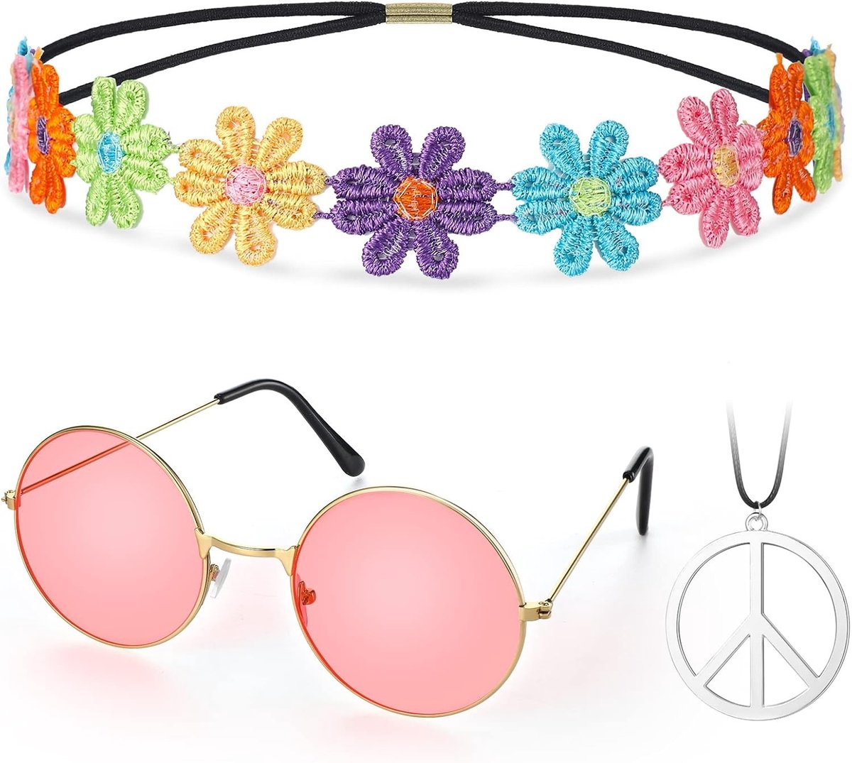 Hippie Kostuum Set met 60's Stijl, Cirkelvormige Zonnebril, Vredesteken Ketting en Zonnebloem Haarbanden voor Feestjes en Themadagen