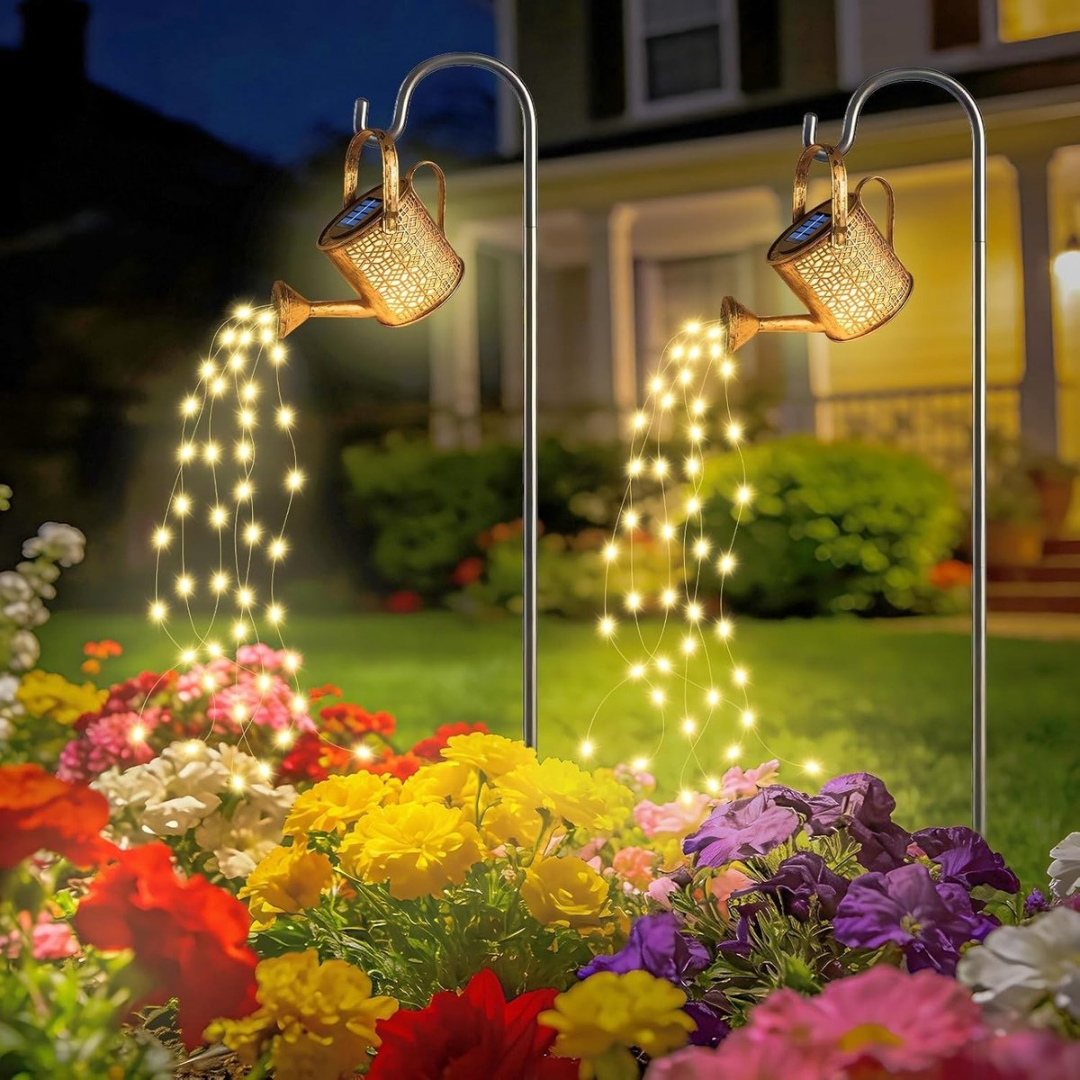 Verlichting voor in de tuin met zonne-energie, set van 2, waterkan met LED-lampen, IP65 waterdicht, automatische lichtsensor, sfeervolle buitenverlichting voor patio en terras