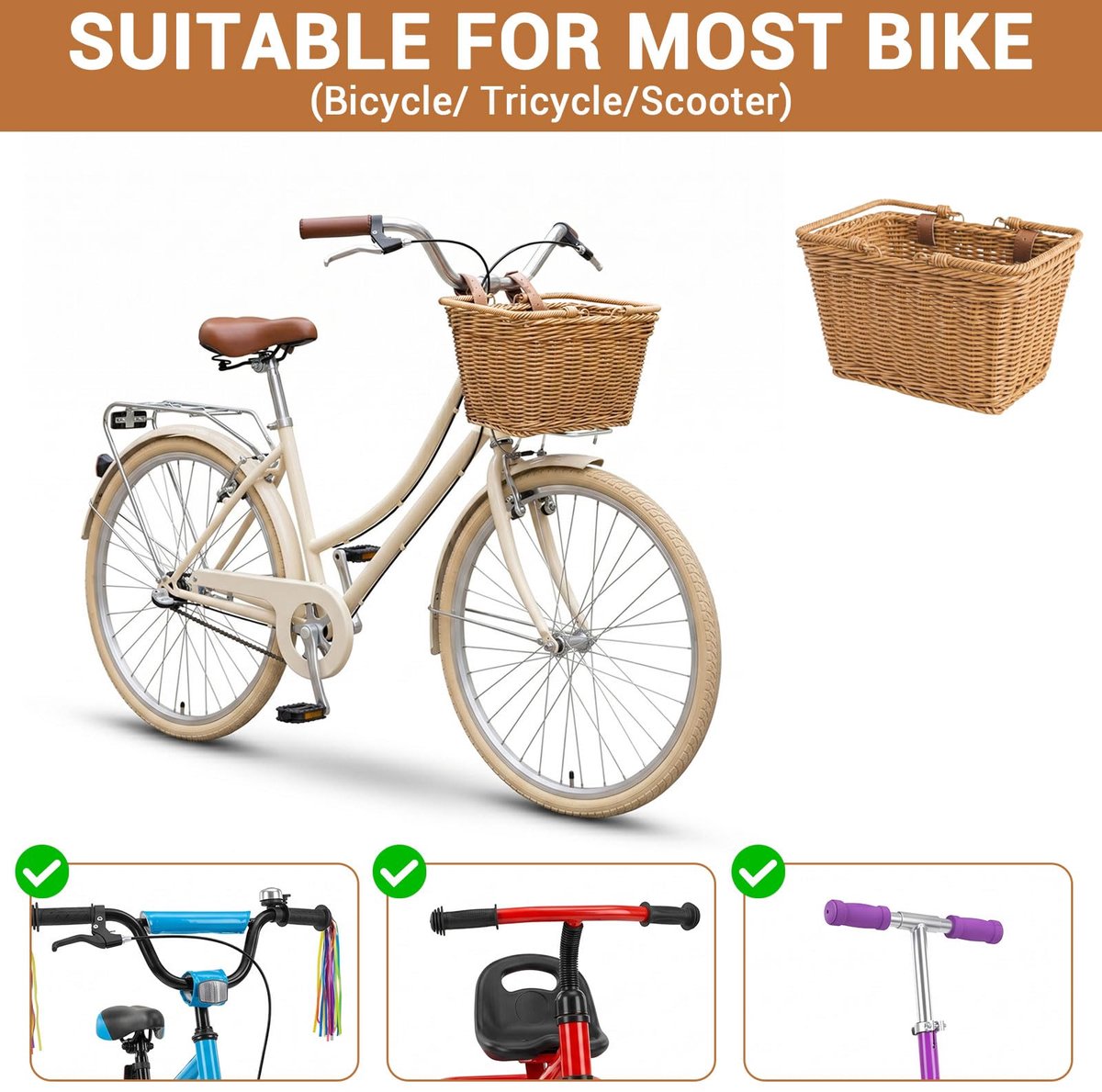 Fietsmand vooraan - duurzame rieten mand - verstelbare riemen van veganistisch leer - ideaal voor boodschappen - ShopVlot
