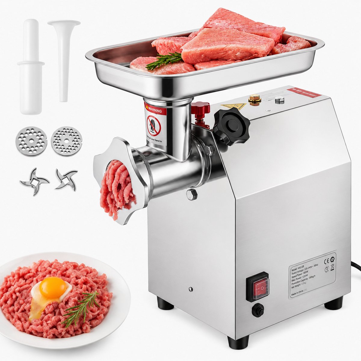 DPLUNIQ Vleesmolen - Keukenmachine - Gehaktmolen - Vleessnijmachine - 2,5kg/min - Worsten - 850W - 15kg - 24x37,5x42cm - Zilver