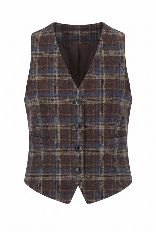 Een bruin geruite bodywarmer met V-hals, knopen en zakken, op een witte achtergrond.