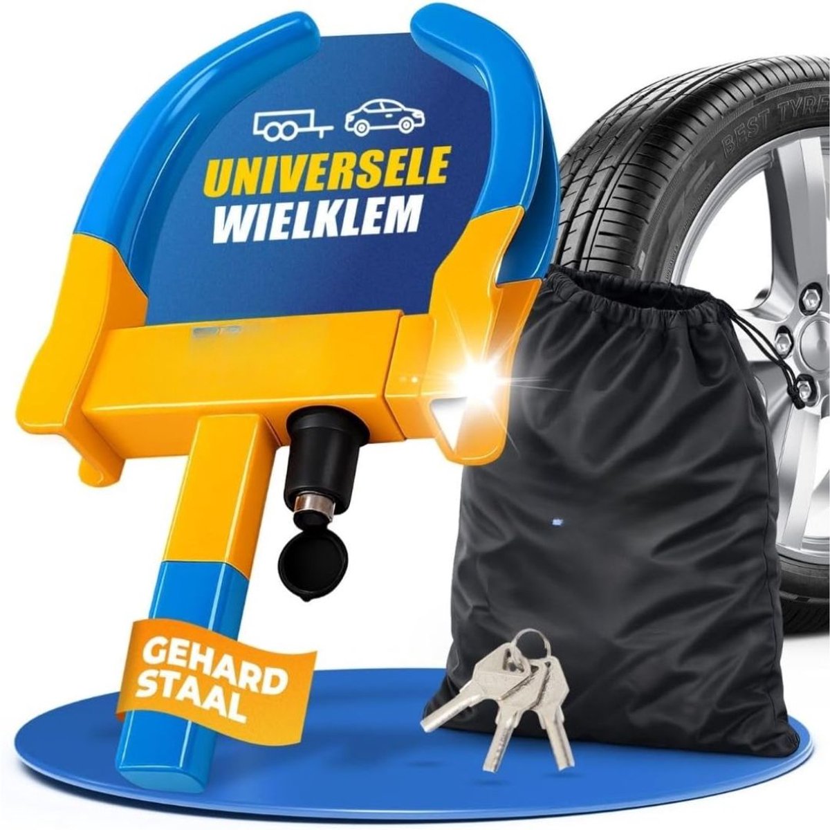 JCP® Wielklem - Wielklem Aanhanger - Voor Auto, Aanhanger, Caravan en Camper - Geel/Blauw - 43cm x 25cm x 8cm