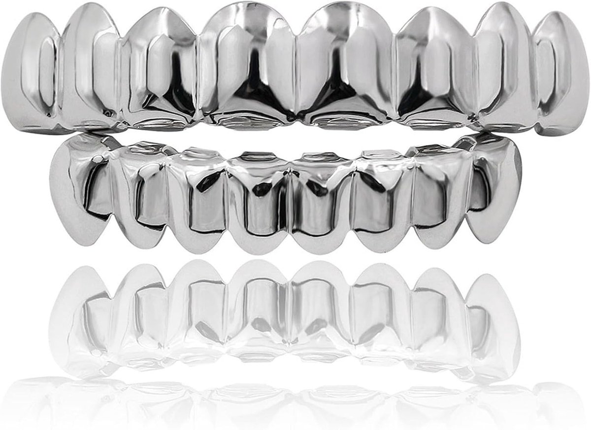 Gouden Gecoate Tanden Set, 8 Stuks Hip Hop Mondsieraad voor Mannen en Vrouwen, Glanzend Zilver voor Halloween en Feestjes, Perfect voor Clown Rapper en Rollenspel