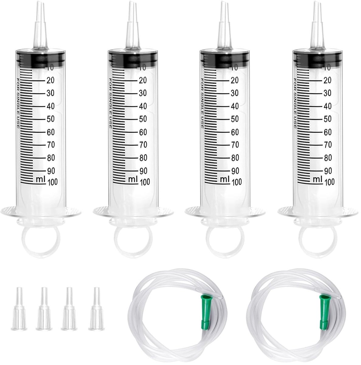 Grote spuit zonder naald 100 ml - 4 stuks, herbruikbare plastic spuiten met deksel, ideaal voor laboratoria, industrie, tuin en huisdieren, inclusief 2 x 1 m slang.