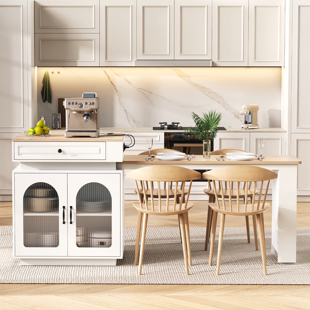 Wishdor Uitrekbare eettafel - Keukeneiland met ledverlichting en usb/type-c - Scandinavisch design - Wit en natuurhoutlook - 128-200 x 71 x 92 cm