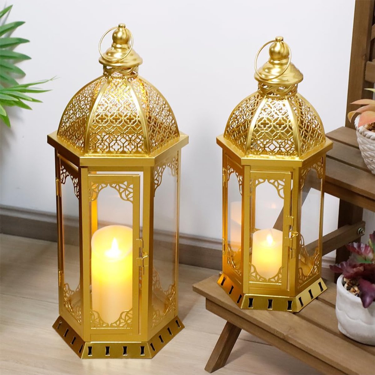 JHY DESIGN Set of 2 Decorative Candle Lanterns, 50 and 38 cm High, Outdoor Candle Holders, Vintage Metal Candlestick - ShopVlot