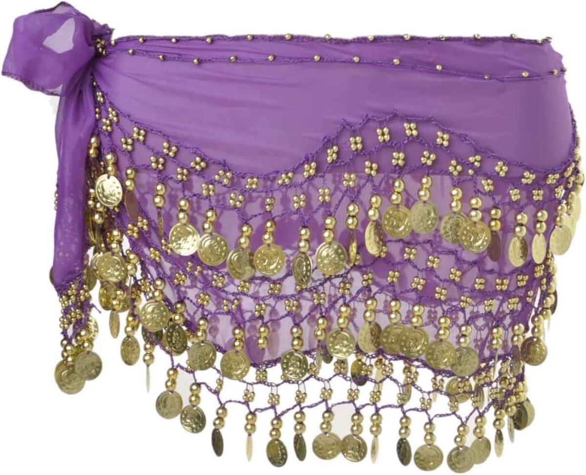 Paarse buikdans heupdoek met gouden munten voor optredens en yogalessen, perfect voor buikdansers