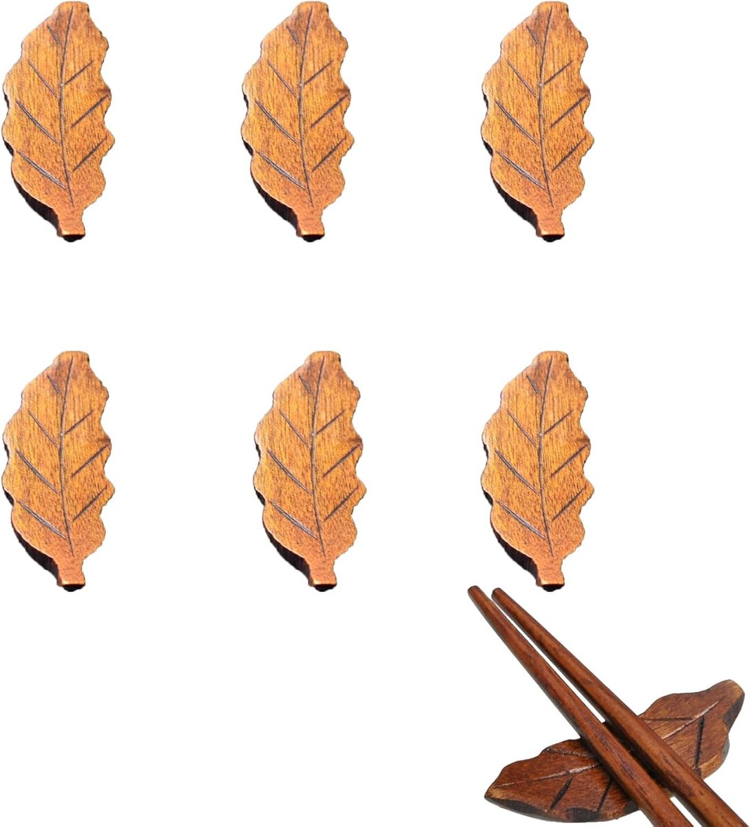 Set van 6 Stukken Aziatische Eetaccessoires - Lepels, Vorken, Eetstokjes en Kussens voor Tafelgebruik in Bladvorm